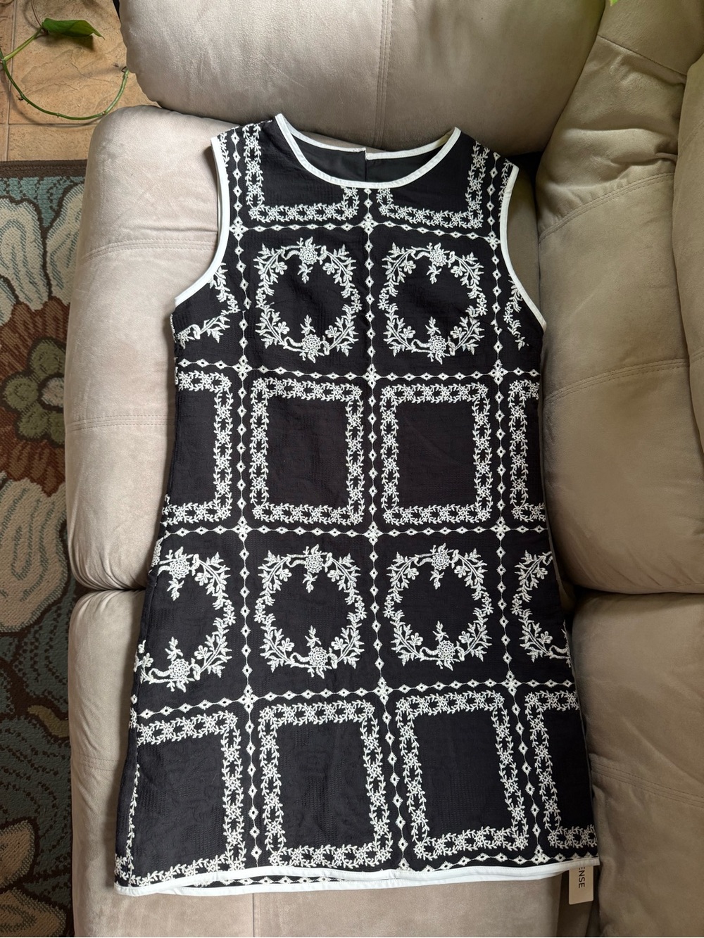 Commense Black Mini Dress with White Embroidered Panels
